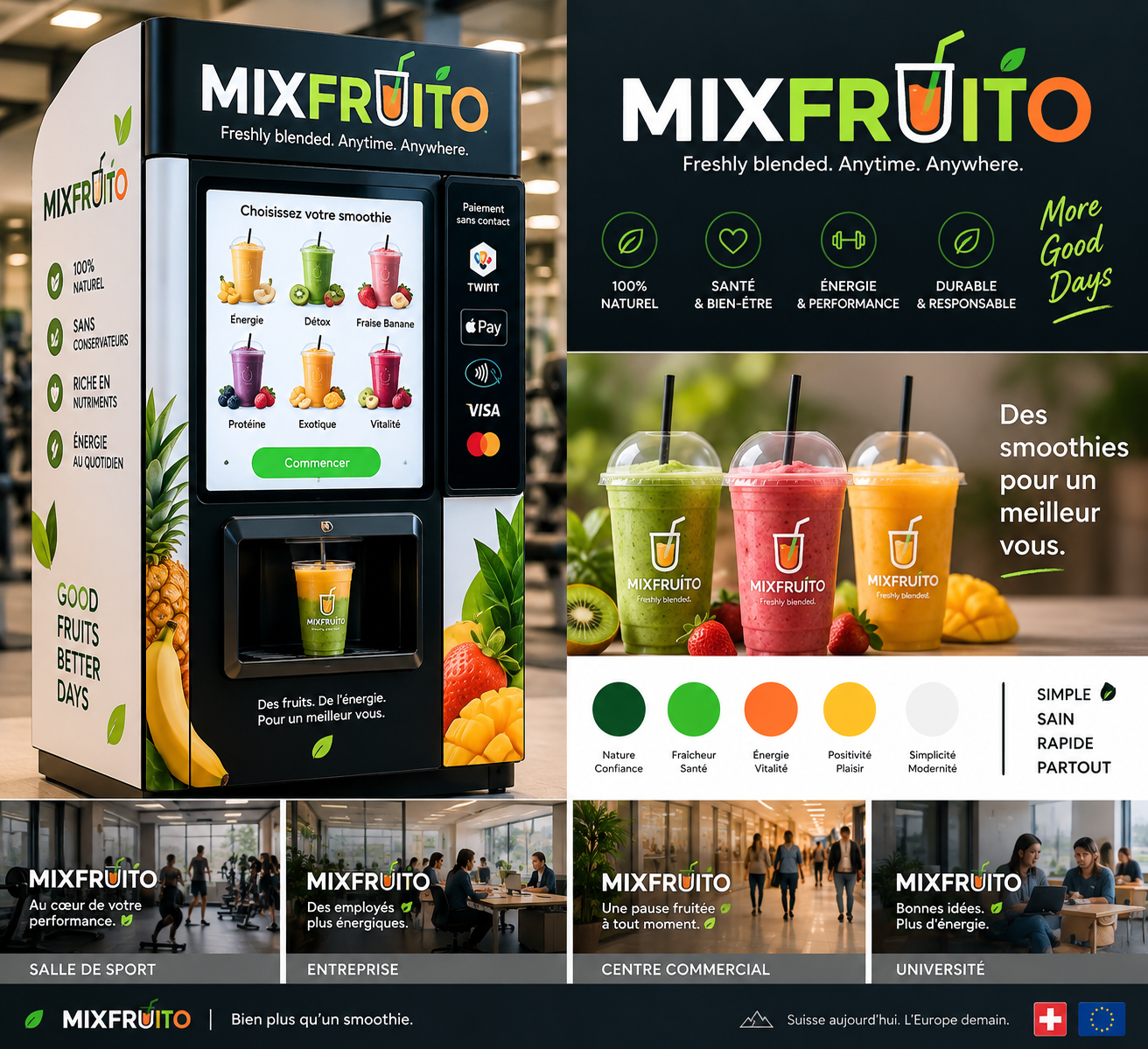 Concept de distributeur automatique MIXFRUITO avec écran de choix des smoothies et retrait du gobelet